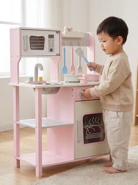 Montessori Wooden Play Kitchen Set, Pink Toddler Pretend Chef Toy